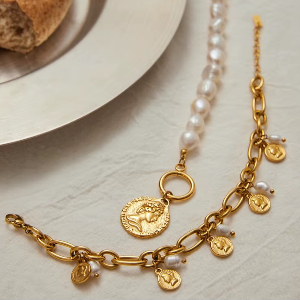Set of 2 new Elegant Gold and Pearl Charm Bracelet chain link coin charm 18k